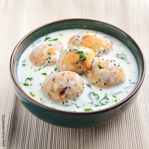 Indian popular food dahi vada also called dahi bhalla, dahi bhalle or dahi bada with topped curd and spices photo