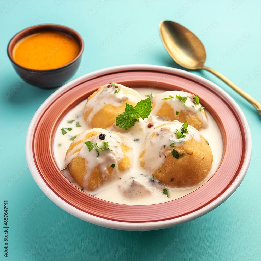Indian popular food dahi vada also called dahi bhalla, dahi bhalle or dahi bada with topped curd and spices Indian popular food dahi vada also called dahi bhalla, dahi bhalle or dahi bada with topped curd and spices