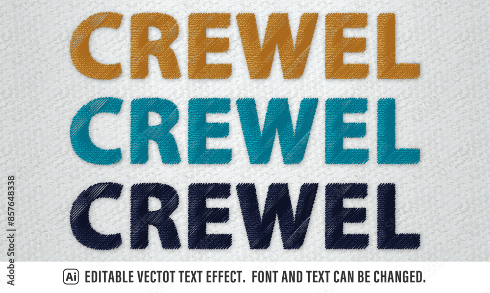 crewel embroidery text effect. realistic vector file.