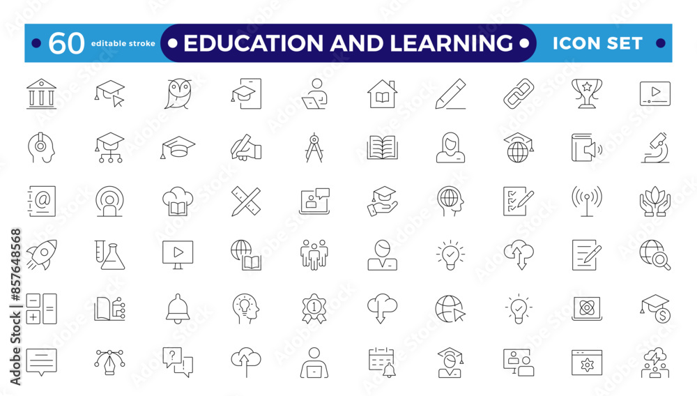 Education and Learning Outline icons set. Education, School, Learning, university, textbook.Containing video tuition, e-learning, and online courses. Editable stroke outline icon Education and Learning Outline icons set. Education, School, Learning, university, textbook.Containing video tuition, e-learning, and online courses. Editable stroke outline icon