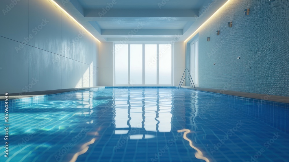 Obraz premium Modern swimming pool indoor with crystal clear blue water, empty design, professional and high quality shot, perfect sport background for your text