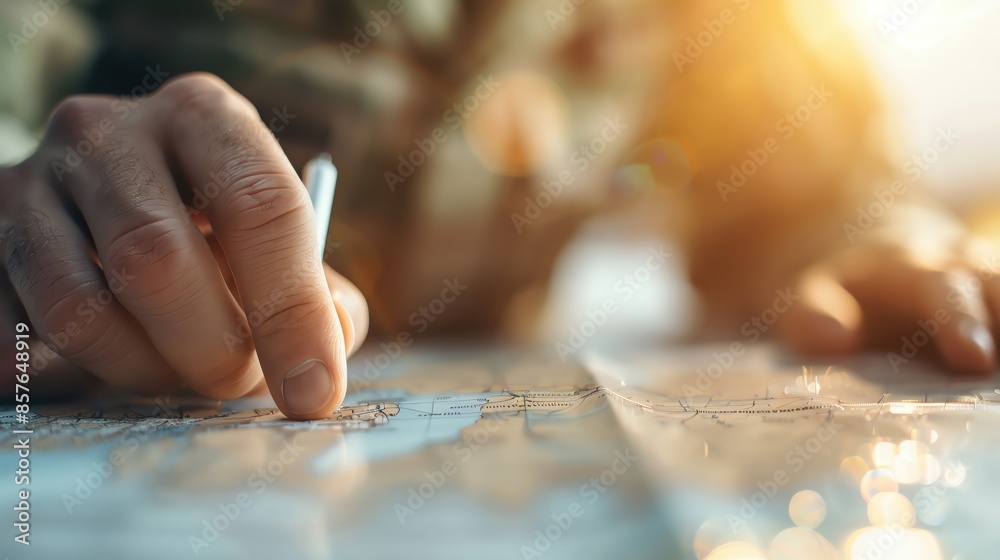 Close-up of a hand writing on a map with a pen, suggesting navigation, planning, or military operation under warm sunlight. Close-up of a hand writing on a map with a pen, suggesting navigation, planning, or military operation under warm sunlight.