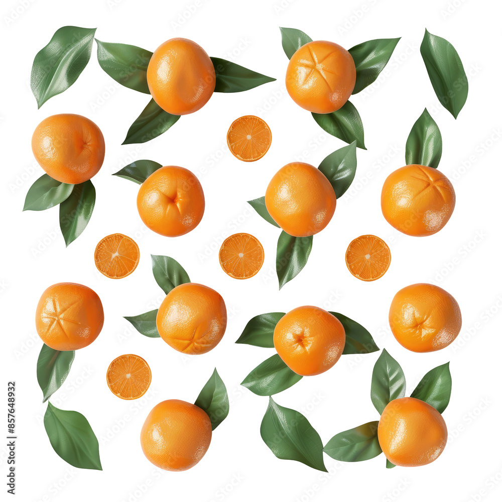 Orange fruits and leaves arranged from above on transparent background. Orange fruits and leaves arranged from above on transparent background.
