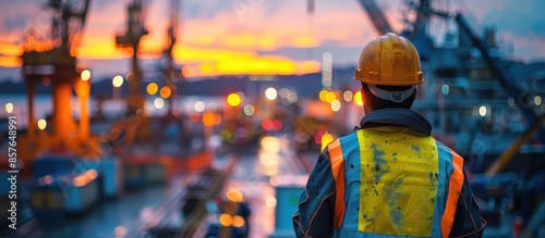 A construction worker in a safety vest and helmet stands overlooking an industrial port at sunset, with vibrant sky and bokeh lights in the background.
