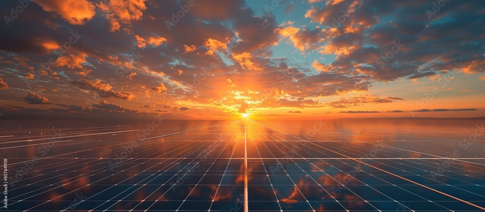 Sunshine Ripples Solar Beautiful sunset over a vast array of solar panels, reflecting the ...