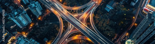Stunning aerial shot of a bustling city highway intersection at night, showcasing vibrant city lights and dynamic traffic patterns.