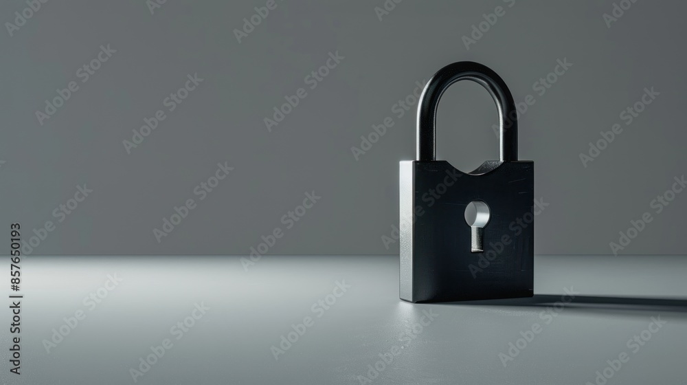 Metal padlock levitating on gray background with shadow Metal padlock levitating on gray background with shadow