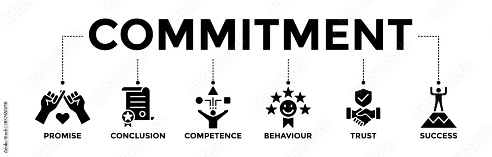 Commitment banner icons set. Vector graphic glyph style with icon of promise, conclusion, competence, behaviour, trust, and success Commitment banner icons set. Vector graphic glyph style with icon of promise, conclusion, competence, behaviour, trust, and success