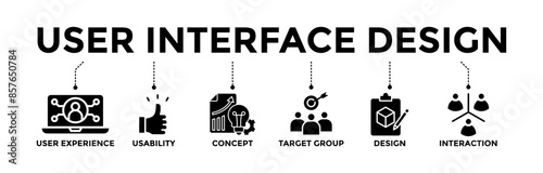 User interface design banner icons set. Vector graphic glyph style with icon of user experience, usability, concept, target group, design, and interaction	