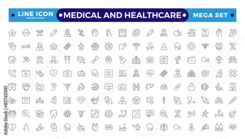 Medical and Healthcare web icons in Outline style. Medicine, check-up, doctor, dentistry, pharmacy, lab, scientific discovery, collection. Editable stroke outline icon.