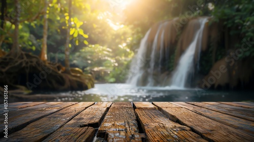 forest background wallpaper with beautiful waterfall, blur background, wooden display for health beauty products, spa, skin care, perfume