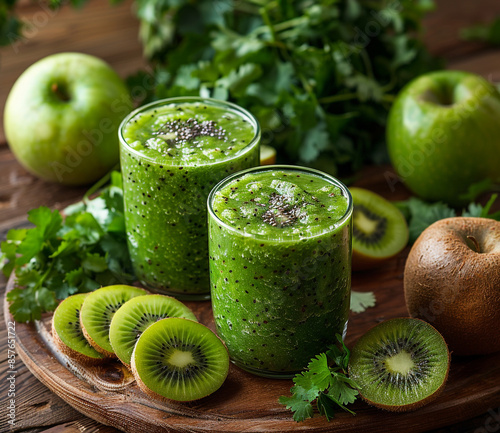 Green smoothie with kiwi, apple and coriander leaves on wooden table photo