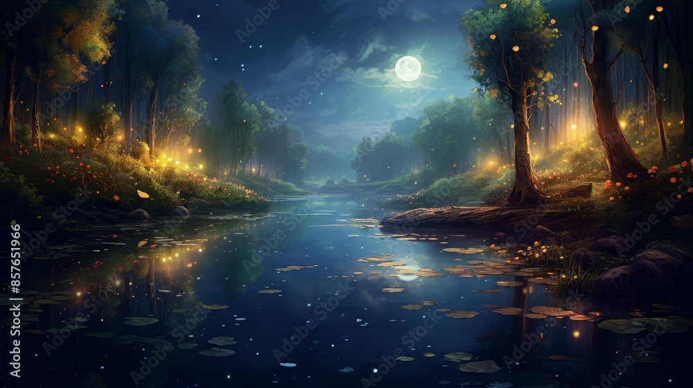 Moonlit fantasy with a luminous moon over a bokeh-lit river, shimmering reflections, serene and unreal setting Moonlit fantasy with a luminous moon over a bokeh-lit river, shimmering reflections, serene and unreal setting