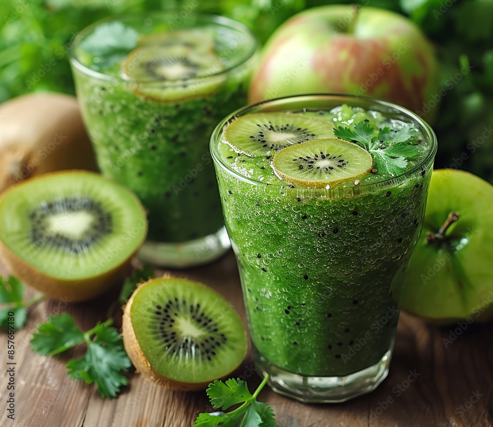 Green smoothie with kiwi, apple and coriander leaves on wooden table Green smoothie with kiwi, apple and coriander leaves on wooden table