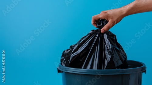 Closeup of a hand disposing of a black trash bag in a bin