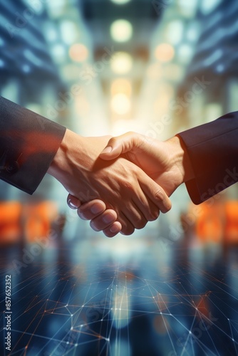 Symbolic handshake between partners, blurred conference room backdrop, emphasis on hands and deal, direct angle