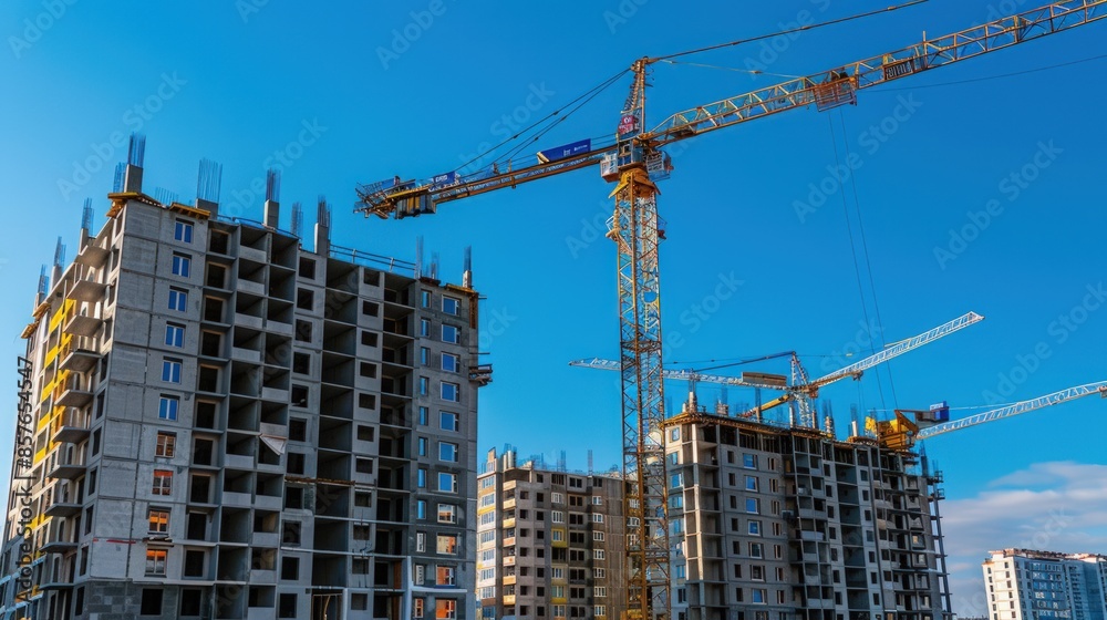 A large crane is lifting a building under construction. Generate AI image A large crane is lifting a building under construction. Generate AI image