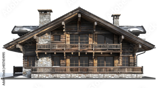 An alpine chalet with steep roof and wooden balcony on a transparent background. - © AI IMAGES COLLECTION