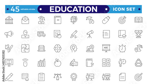Education and learning icon set Outline vector icons related to education, success, academic subjects, and more. Editable stroke outline icon.