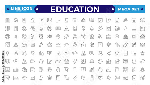 Education and learning icon set Outline vector icons related to education, success, academic subjects, and more. Editable stroke outline icon.