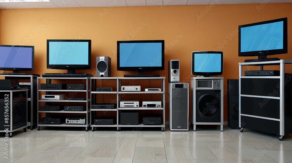 Flat background illustration of an electronics store selling computers, TVs, cellphones, and home appliance products, ideal for posters or banners. Flat background illustration of an electronics store selling computers, TVs, cellphones, and home appliance products, ideal for posters or banners.
