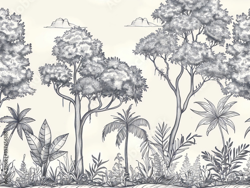 The dark art lines nature sketch of  forest with dark blue pen  wall art, background, wallpaper, vintage style 