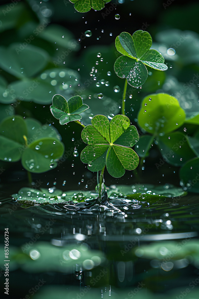 green 4 leaf clover plant falling into the water, nature background , lucky plant green 4 leaf clover plant falling into the water, nature background , lucky plant