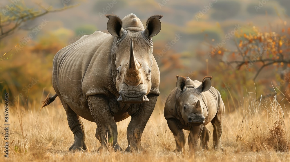 Obraz premium White rhinoceros (Ceratotherium simum) and calf