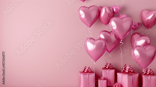 Beautiful pink birthday background with inflated helium balloons in the shape of hearts and gifts on the side with space for text, inscription or logo
