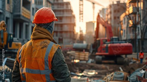 A construction worker, standing wearing a dark orange construction helmet in construction site is building architecture construction business or Happy labor day concept.