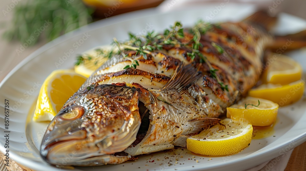 Close-Up of Whole Roasted Dorade with Thyme and Lemon Slices Close-Up of Whole Roasted Dorade with Thyme and Lemon Slices