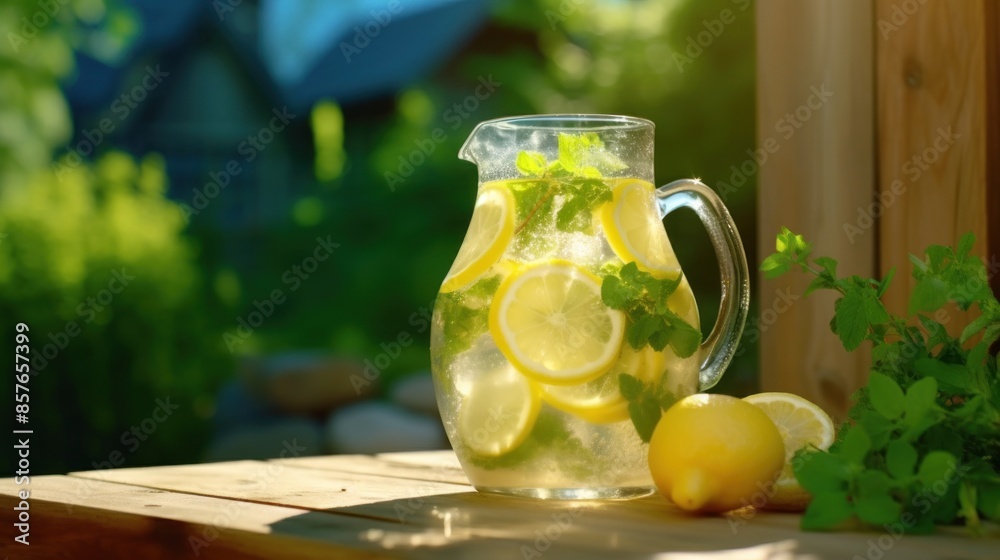 glass jug filled with lemonade, placed on a wooden surface outdoors. glass jug filled with lemonade, placed on a wooden surface outdoors.