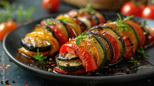Classic French ratatouille, beautifully plated in a modern deconstructed style photo