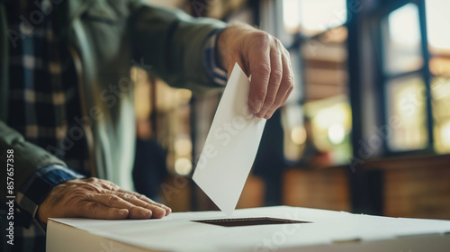 Close-Up of Hands Casting Ballot in Election Box for US Voting and Democracy Process