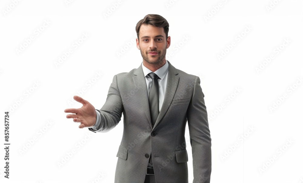 A close-up image of a confident man in a grey suit, reaching out for a handshake against a plain backdrop. A close-up image of a confident man in a grey suit, reaching out for a handshake against a plain backdrop.