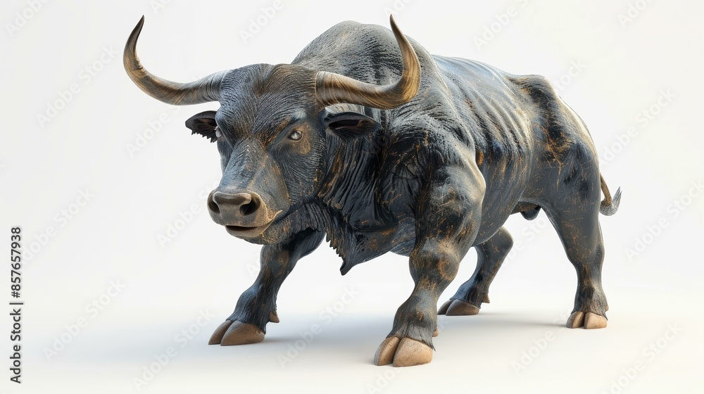 Fototapeta premium a 3D render of a fierce-looking bull, isolated on a white background. The bull is shown in a dynamic and aggressive stance with realistic texture.