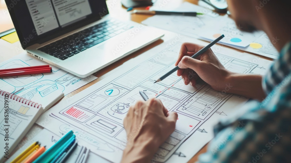 A man is drawing on a piece of paper with a pencil. Generate AI image A man is drawing on a piece of paper with a pencil. Generate AI image