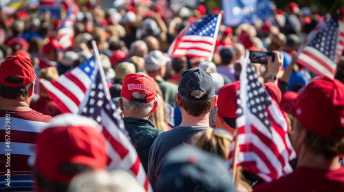 Excited USA Crowd at Political Rally Holding Signs for Democracy and Election Event with Patriotic Enthusiasm