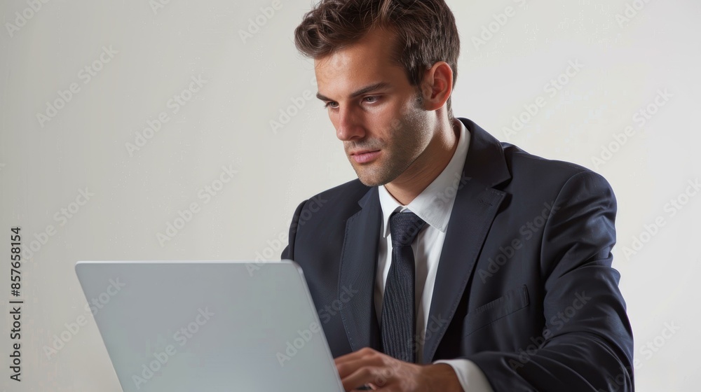 A focused middle-aged man with a beard, wearing a dark gray suit, white shirt, and black tie, working on a laptop against a light plain background. A focused middle-aged man with a beard, wearing a dark gray suit, white shirt, and black tie, working on a laptop against a light plain background.