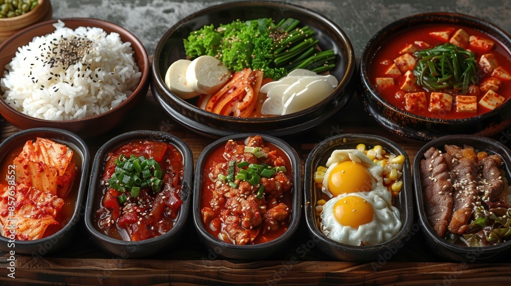 an assortment of traditional Korean dishes including rice, stew, eggs, kimchi, and various side dishes, beautifully arranged in bowls, symbolizing a rich and diverse culinary tradition. an assortment of traditional Korean dishes including rice, stew, eggs, kimchi, and various side dishes, beautifully arranged in bowls, symbolizing a rich and diverse culinary tradition.