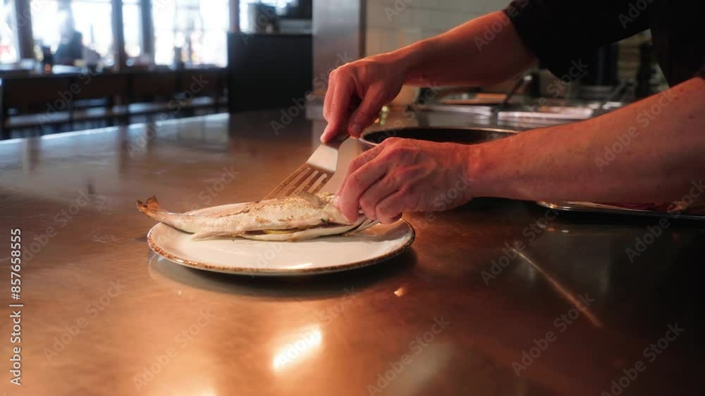 A fish being put on a plate and prepared A fish being put on a plate and prepared