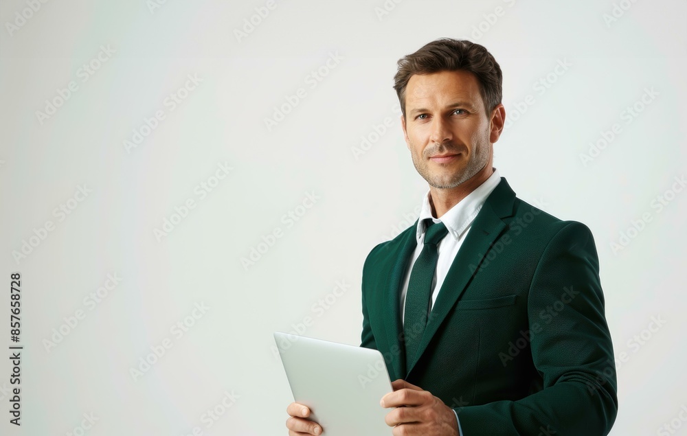 A close-up image of a confident man with a grey beard in a dark green suit, holding a tablet against a plain backdrop. A close-up image of a confident man with a grey beard in a dark green suit, holding a tablet against a plain backdrop.