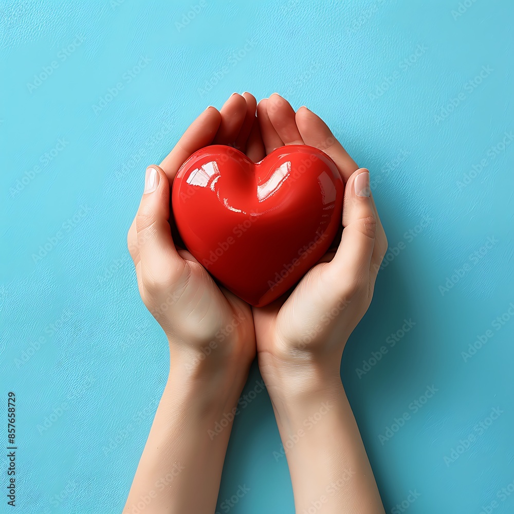 Hands holding red heart on blue background, love and health care concept for Happy World Heart Day banner with copy space area. Love wallpaper design, defocused photography, high resolution Hands holding red heart on blue background, love and health care concept for Happy World Heart Day banner with copy space area. Love wallpaper design, defocused photography, high resolution