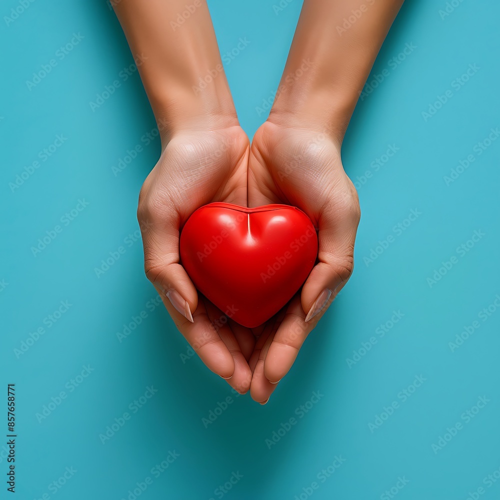 Hands holding red heart on blue background, love and health care concept for Happy World Heart Day banner with copy space area. Love wallpaper design, defocused photography, high resolution Hands holding red heart on blue background, love and health care concept for Happy World Heart Day banner with copy space area. Love wallpaper design, defocused photography, high resolution
