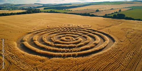 Aerial view of symmetrical crop circles in a field