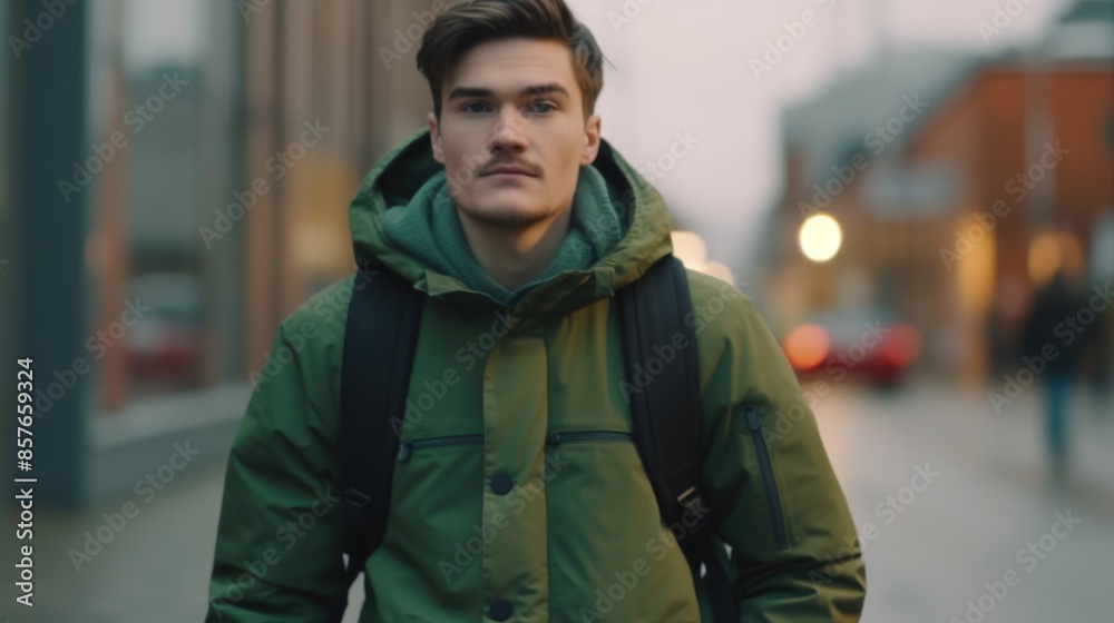 A man wearing a green jacket and a backpack is standing on a street A man wearing a green jacket and a backpack is standing on a street