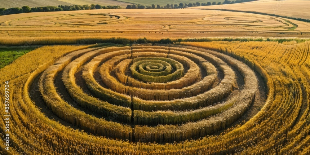 Aerial view of symmetrical crop circles in a field Aerial view of symmetrical crop circles in a field