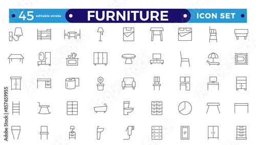 Furniture Minimal line icons set. Kitchen, bedroom, sofa table, bookcase closet, chair, mattress, lamps, ladder vector illustrations. Outline signs of the house interior. Editable stroke outline icon