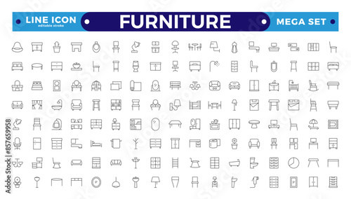 Furniture Minimal line icons set. Kitchen, bedroom, sofa table, bookcase closet, chair, mattress, lamps, ladder vector illustrations. Outline signs of the house interior. Editable stroke outline icon