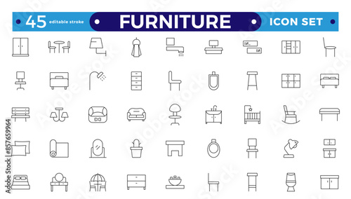 Furniture Minimal line icons set. Kitchen, bedroom, sofa table, bookcase closet, chair, mattress, lamps, ladder vector illustrations. Outline signs of the house interior. Editable stroke outline icon